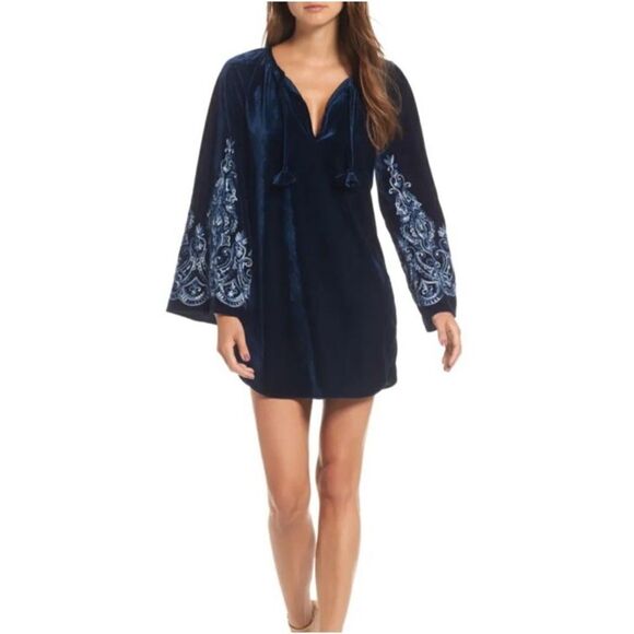 Misa Los Angeles Luca Midnight Blue Velvet Embroidered Sleeves Shift Dress, XS - Picture 1 of 13